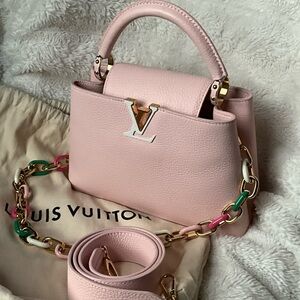Louis Vuitton Light Pink Mini Bag with Multicolor Chain and pink LV hat